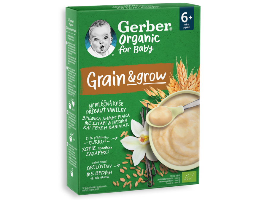 Gerber organic Βρεφικά Δημητριακά με Σιτάρι, Βρώμη & γεύση Βανίλιας