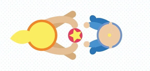 Γραφικό που απεικονίζει από επάνω ένα μωρό και έναν ενήλικο που παίζουν με ένα παιχνίδι. 