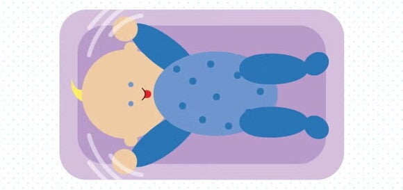 Γραφικό που δείχνει ένα μωρό με μπλε ρούχο να κουνάει τα χέρια του σε ένα μωβ στρωματάκι. 